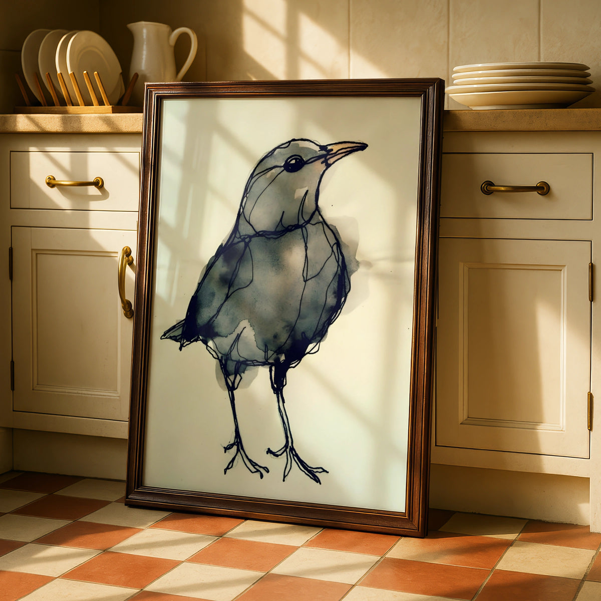 Blackbird Ink Sketch Print, Monochrome Wall Art, Minimalist Bird Poster, Grey Modern Decor