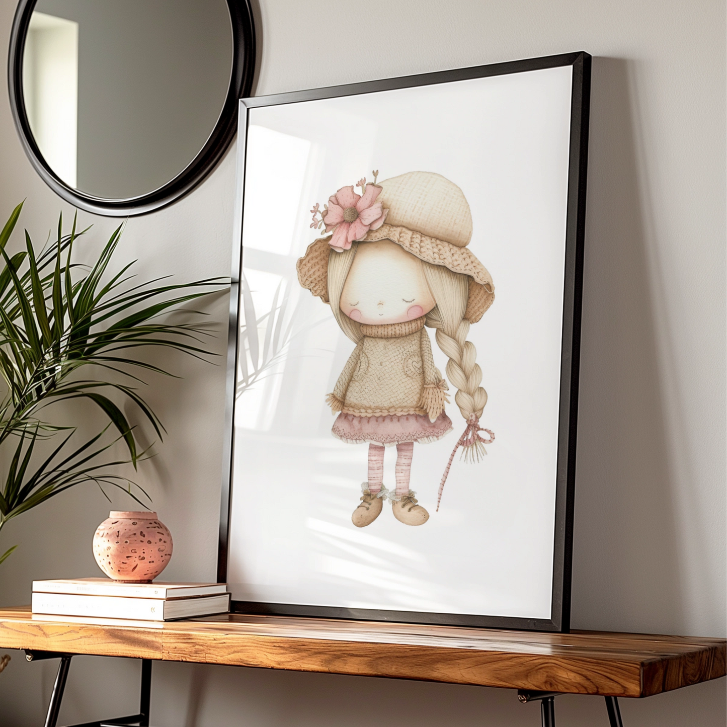 Nursery Wall Art Girl Print, Boho Doll Poster, Pink Beige Baby Girl Room Decor