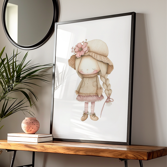 Nursery Wall Art Girl Print, Boho Doll Poster, Pink Beige Baby Girl Room Decor