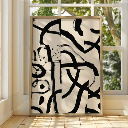 Abstract Brush Stroke Wall Art, Monochrome Black Cream Modern Print, Gallery Wall Poster