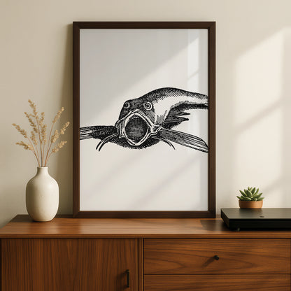 Vintage Catfish Engraving Poster, Spooky Halloween Art Print, Gothic Black White Wall Art