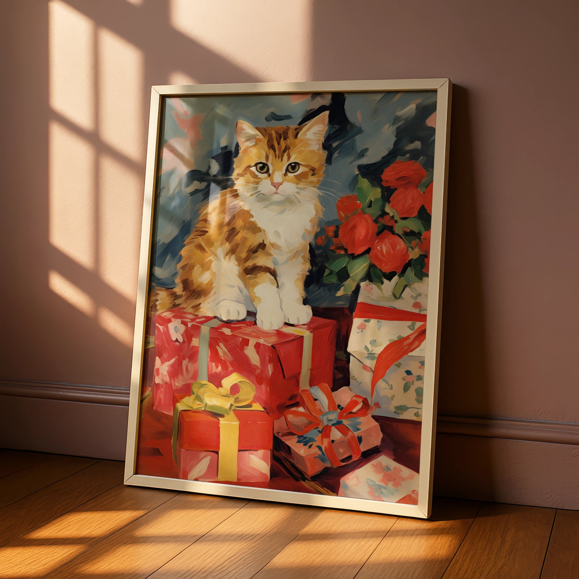 Christmas Cat Poster, Ginger Tabby with Gifts Wall Art, Festive Holiday Print for Cat Lovers