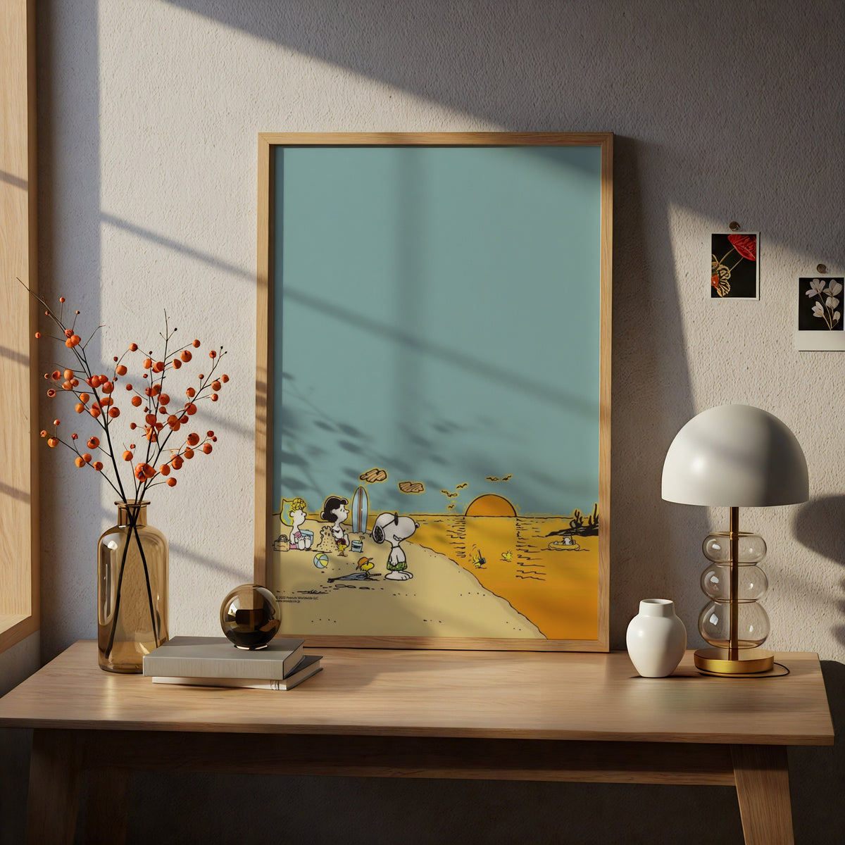 Beach Sunset Cartoon Poster, Dusty Teal Sky, Golden Sea, Retro Kids Room Wall Art Print