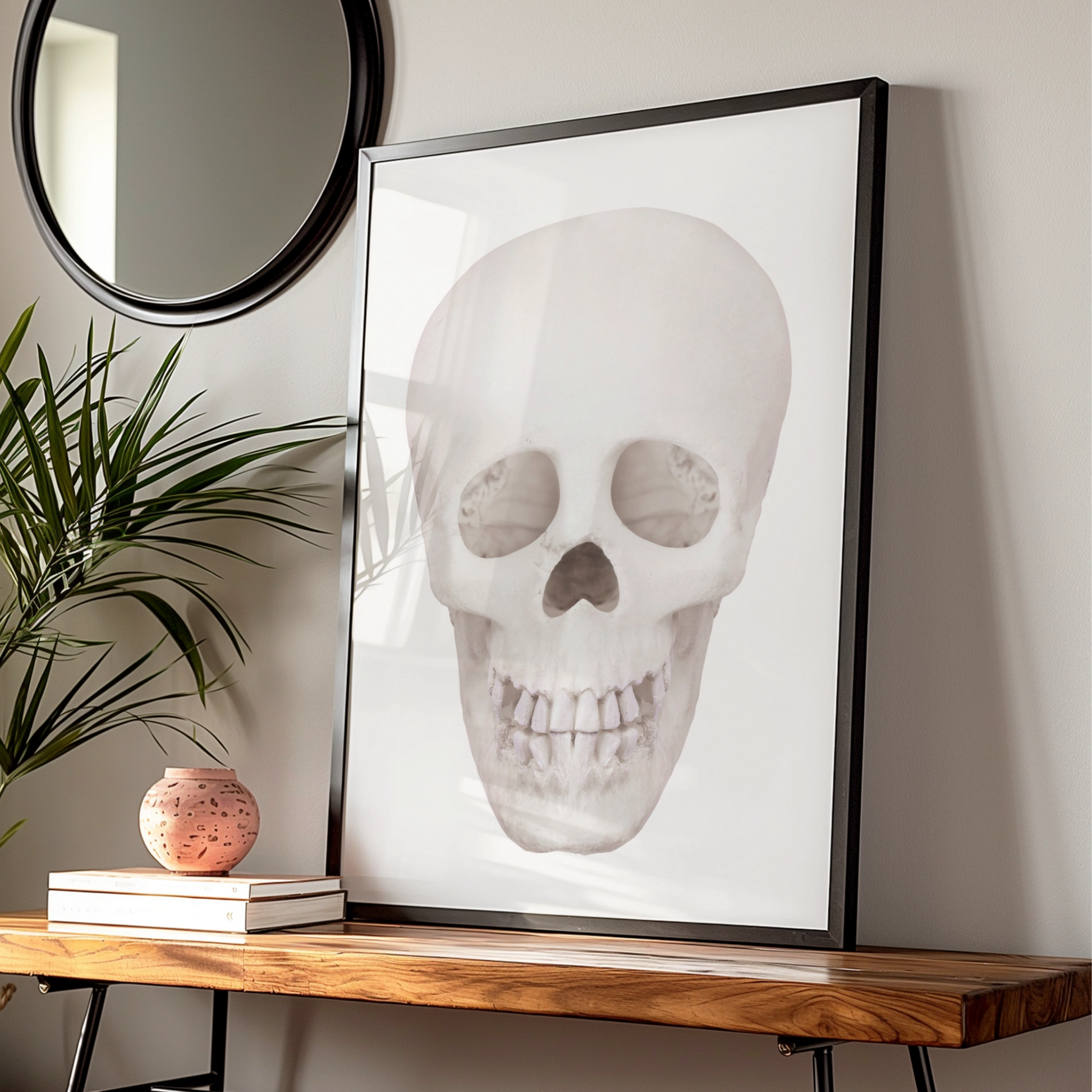 Halloween Skull Poster, White Skull Wall Art, Spooky Gothic Print, Minimalist Halloween Decor