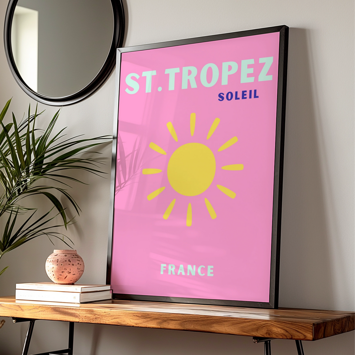 St Tropez Travel Poster, France Wall Art, Retro Sun Print, Pink French Riviera Decor