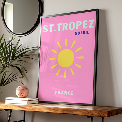 St Tropez Travel Poster, France Wall Art, Retro Sun Print, Pink French Riviera Decor