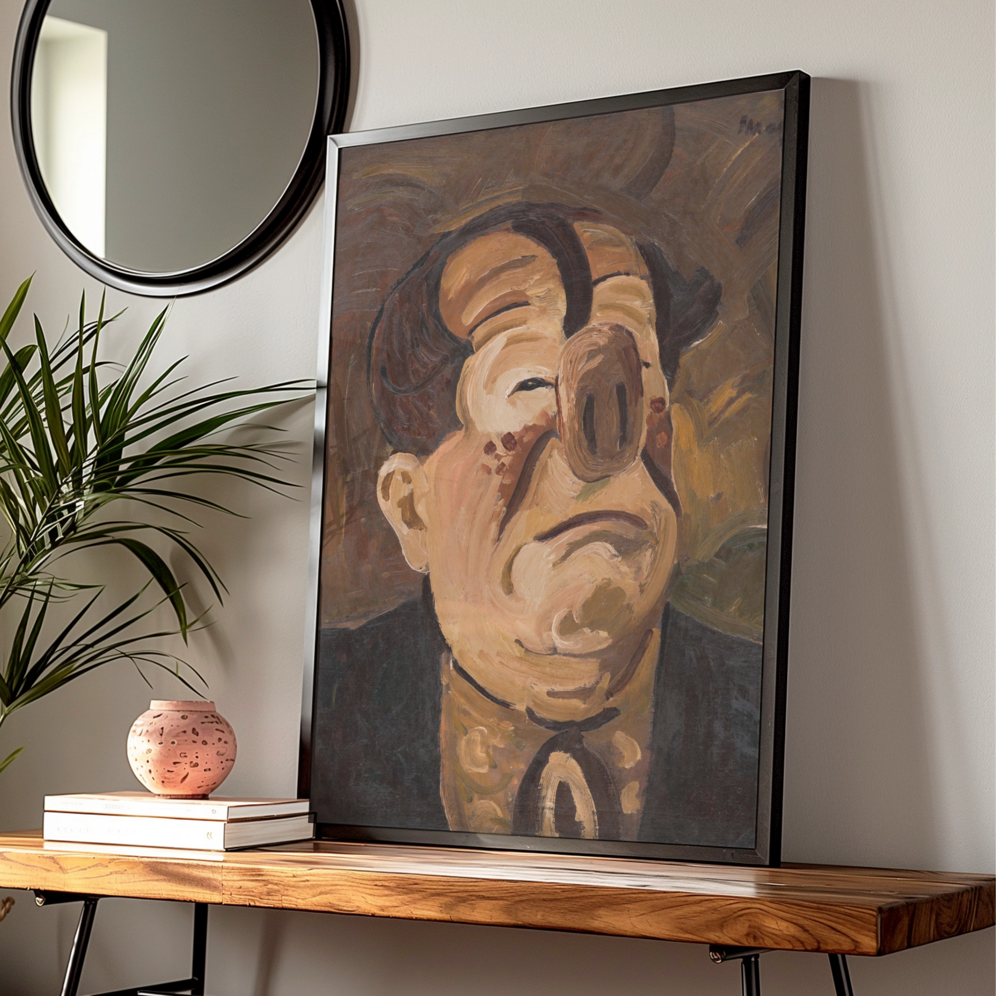 Halloween Cubist Face Poster, Surreal Distorted Portrait Wall Art, Spooky Dark Brown Gallery Print