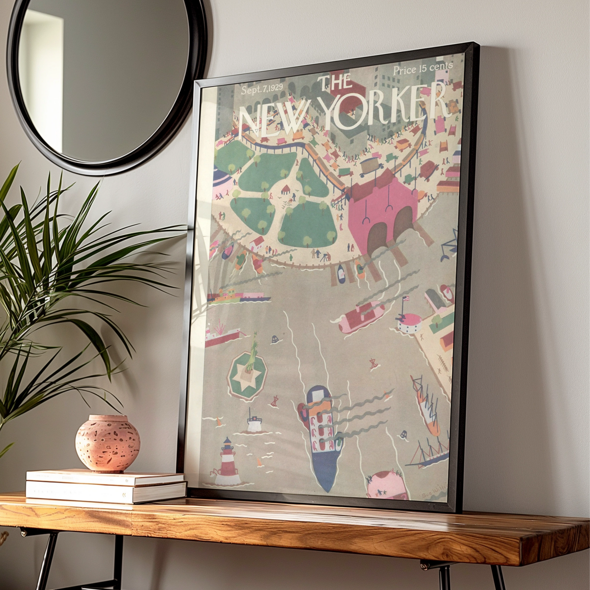 The New Yorker Sept 1929 Cover Poster, NYC Harbour Vintage Wall Art Print