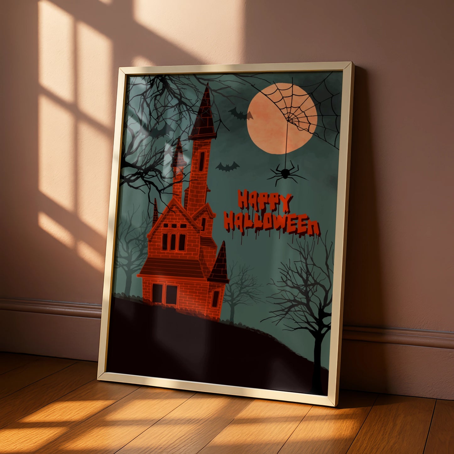 Happy Halloween Haunted House Poster, Spooky Castle Wall Art, Bats Full Moon Print