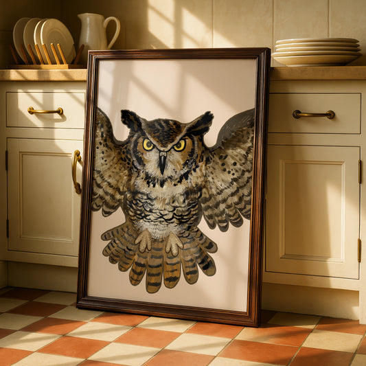Halloween Owl Poster, Flying Owl Wall Art, Spooky Bird Print, Brown Gothic Home Decor