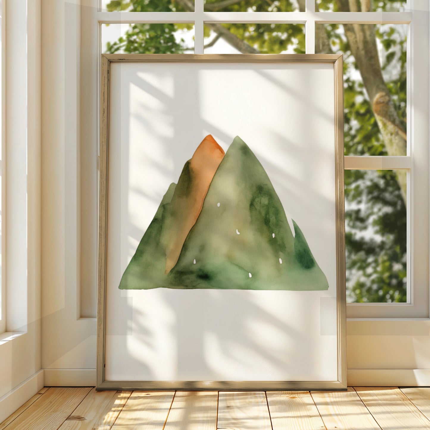 Watercolour Mountain Nursery Wall Art, Green Orange Nature Print, Kids Room Poster