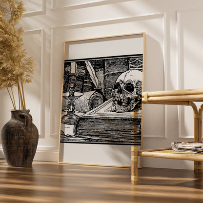 Halloween Skull Vanitas Poster, Gothic Black White Wall Art, Spooky Dark Academia Print