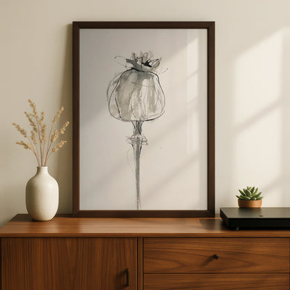 Poppy Seed Head Print, Monochrome Wall Art, Botanical Black and White Poster, Minimalist Floral
