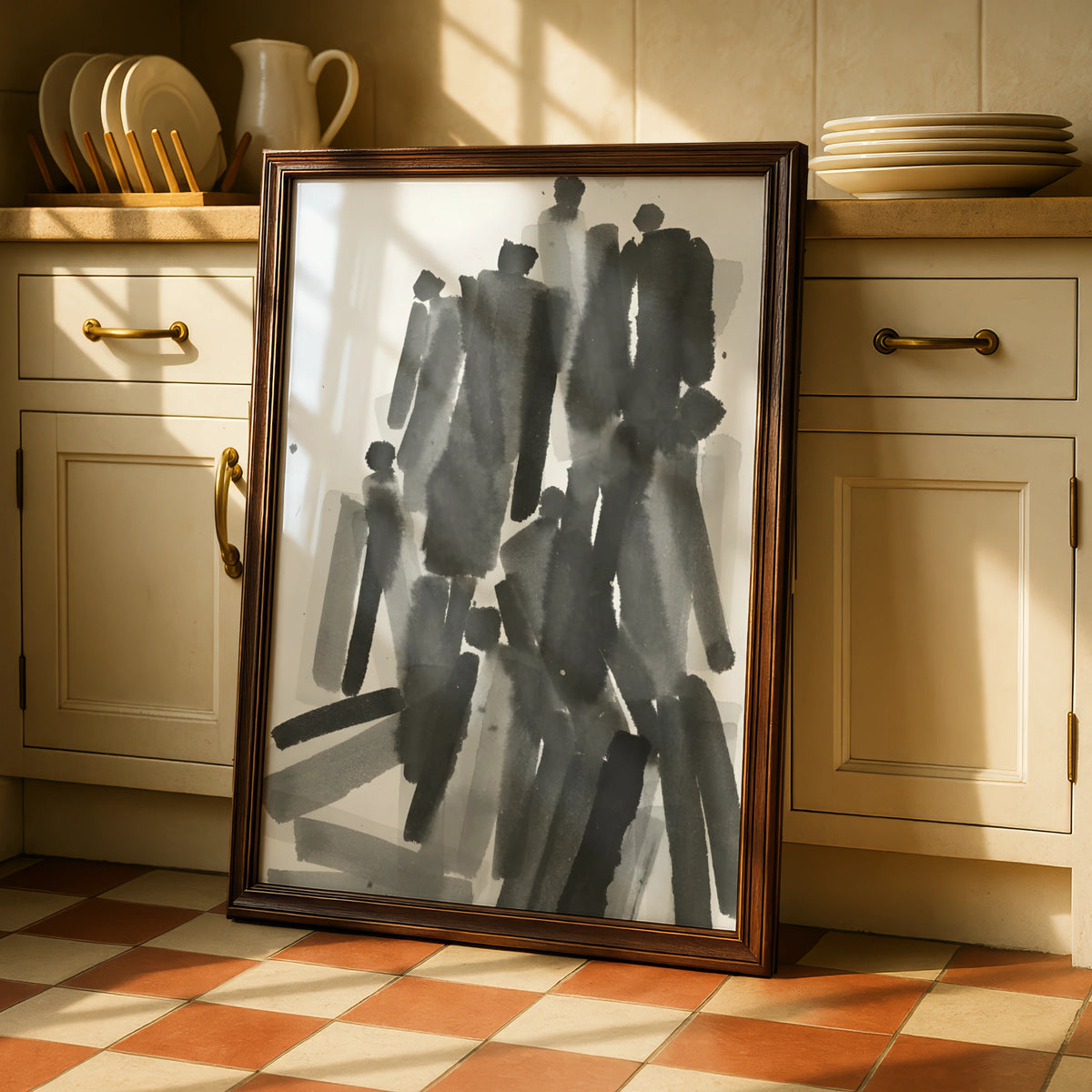 Abstract Figure Crowd Monochrome Wall Art, Black and White Ink Brush Minimalist Print