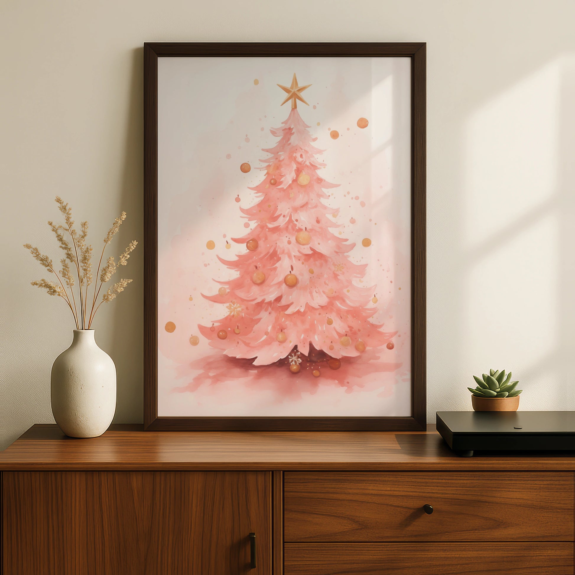 Pink Christmas Tree Poster, Watercolour Xmas Wall Art, Gold Star Festive Print