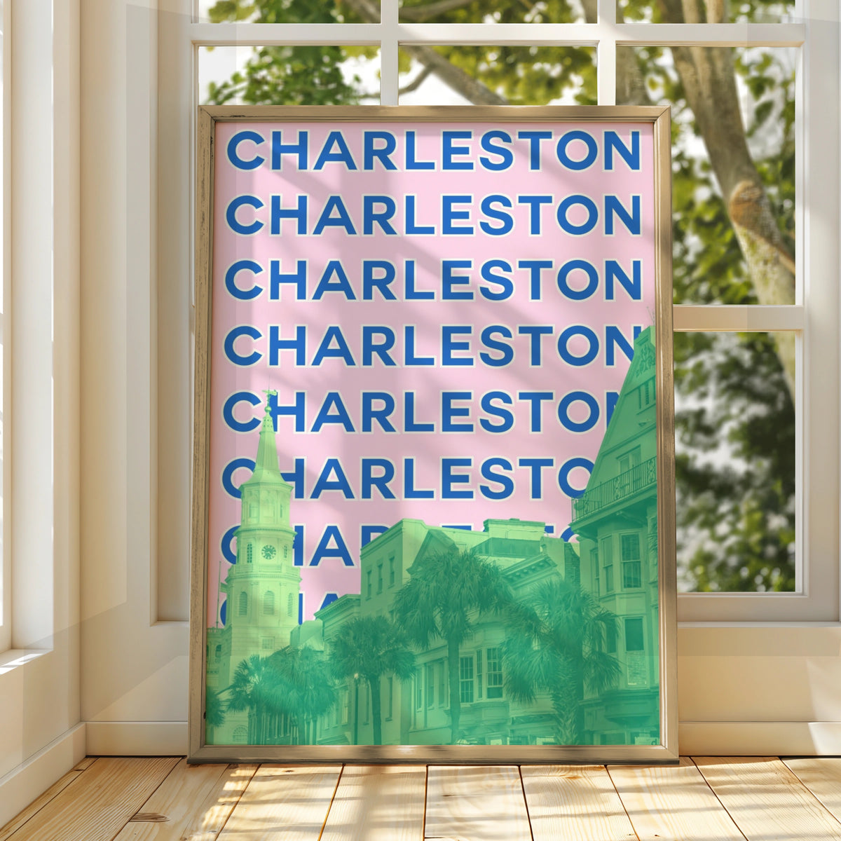 Charleston South Carolina Travel Poster, Retro City Wall Art, Pink Blue Print