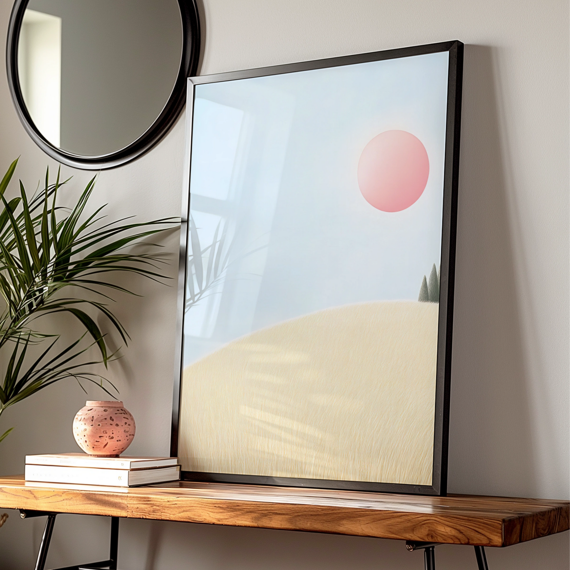 Nursery Wall Art Pink Sun Print, Pastel Landscape Poster, Baby Room Decor, Minimalist Sky