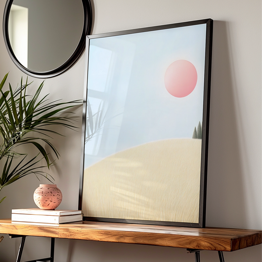 Nursery Wall Art Pink Sun Print, Pastel Landscape Poster, Baby Room Decor, Minimalist Sky