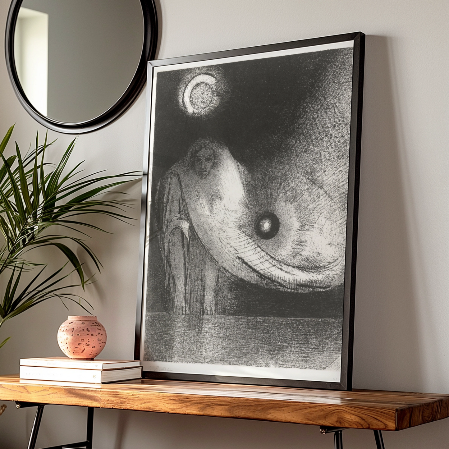 Dark Occult Figure Halloween Art Print, Gothic Surreal Moon Poster, Black White Wall Art
