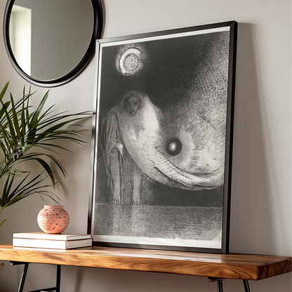 Dark Occult Figure Halloween Art Print, Gothic Surreal Moon Poster, Black White Wall Art