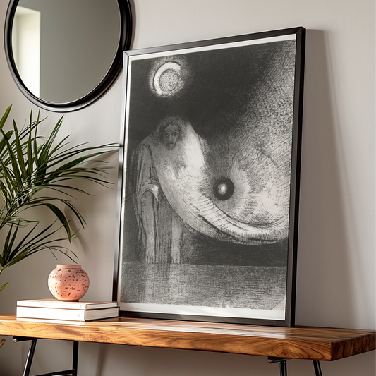 Dark Occult Figure Halloween Art Print, Gothic Surreal Moon Poster, Black White Wall Art