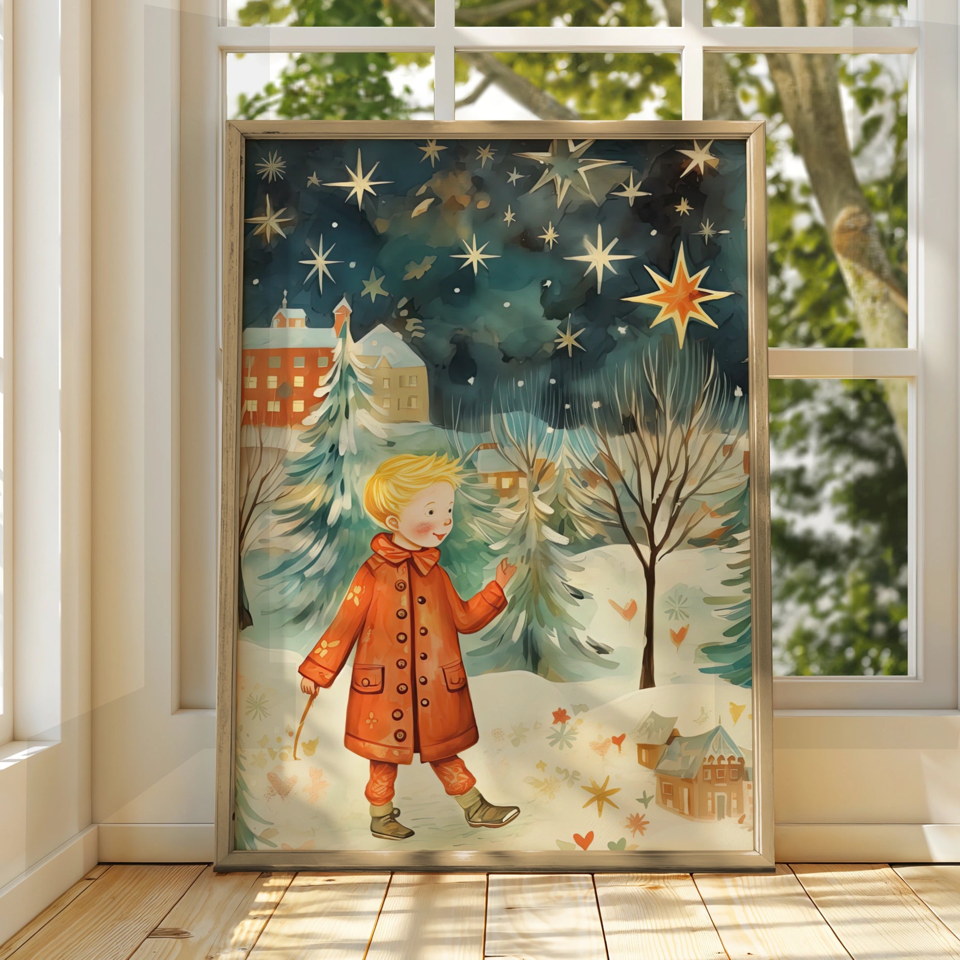 Christmas Poster Boy in Snow, Festive Winter Stars Wall Art, Whimsical Holiday Print for Kids