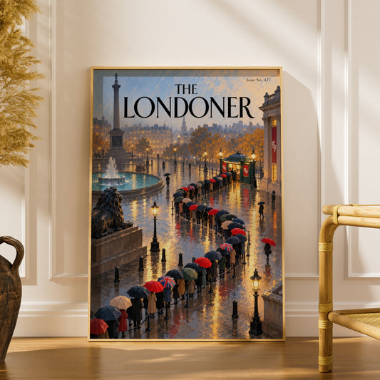 The Londoner Poster, London Wall Art, Trafalgar Square Rainy Evening Art Print, Magazine Cover Style