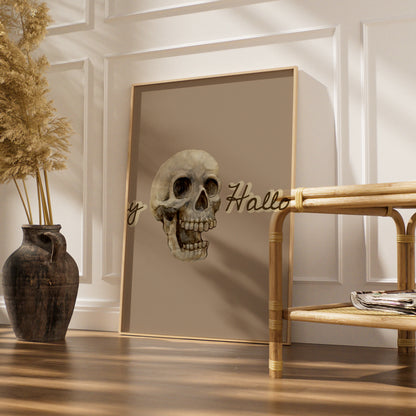 Happy Halloween Skull Poster, Spooky Wall Art, Skeleton Print, Taupe Halloween Decor