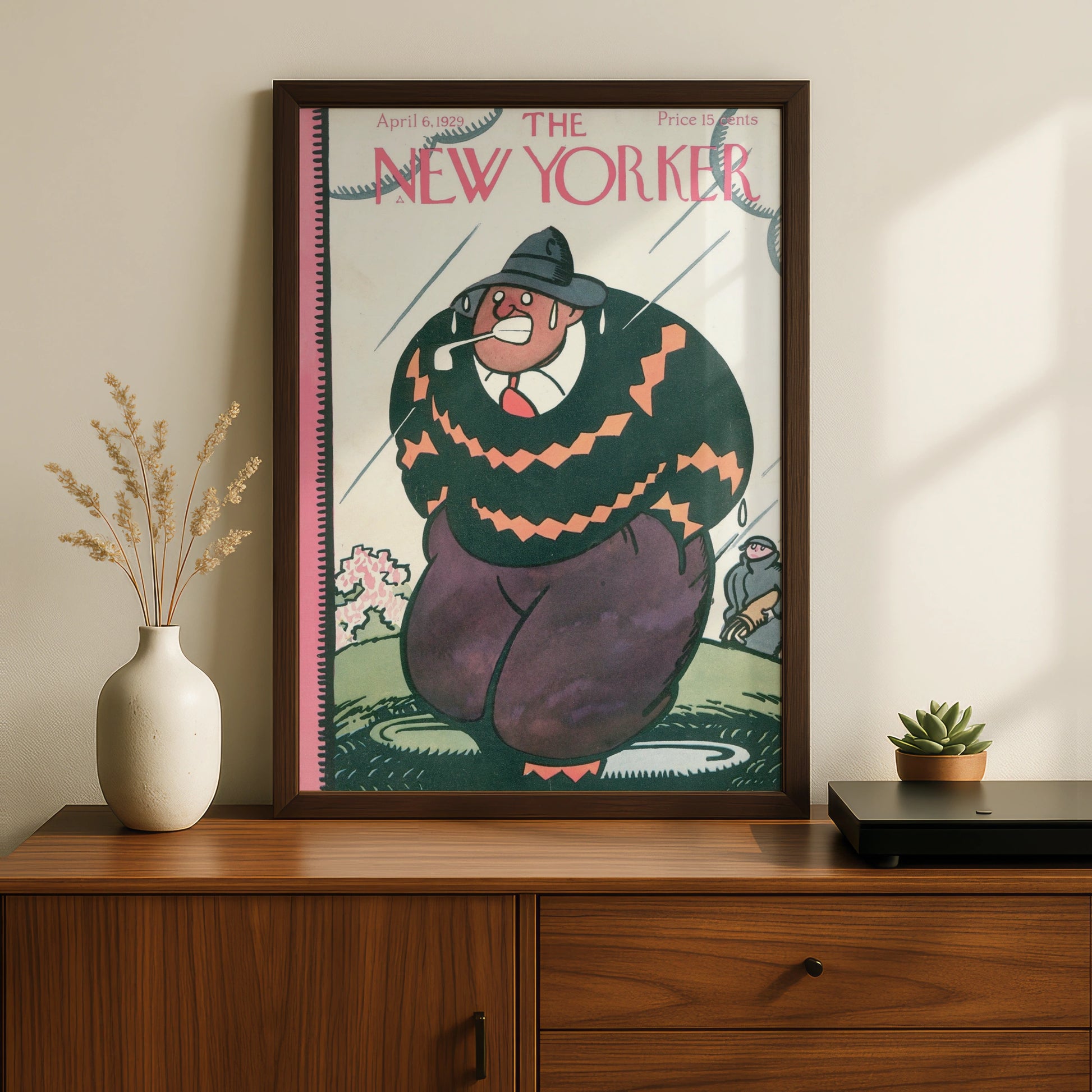 New Yorker 1929 Golf Cover Poster, Vintage Comic Art Print, Rainy Day Golfer Wall Art