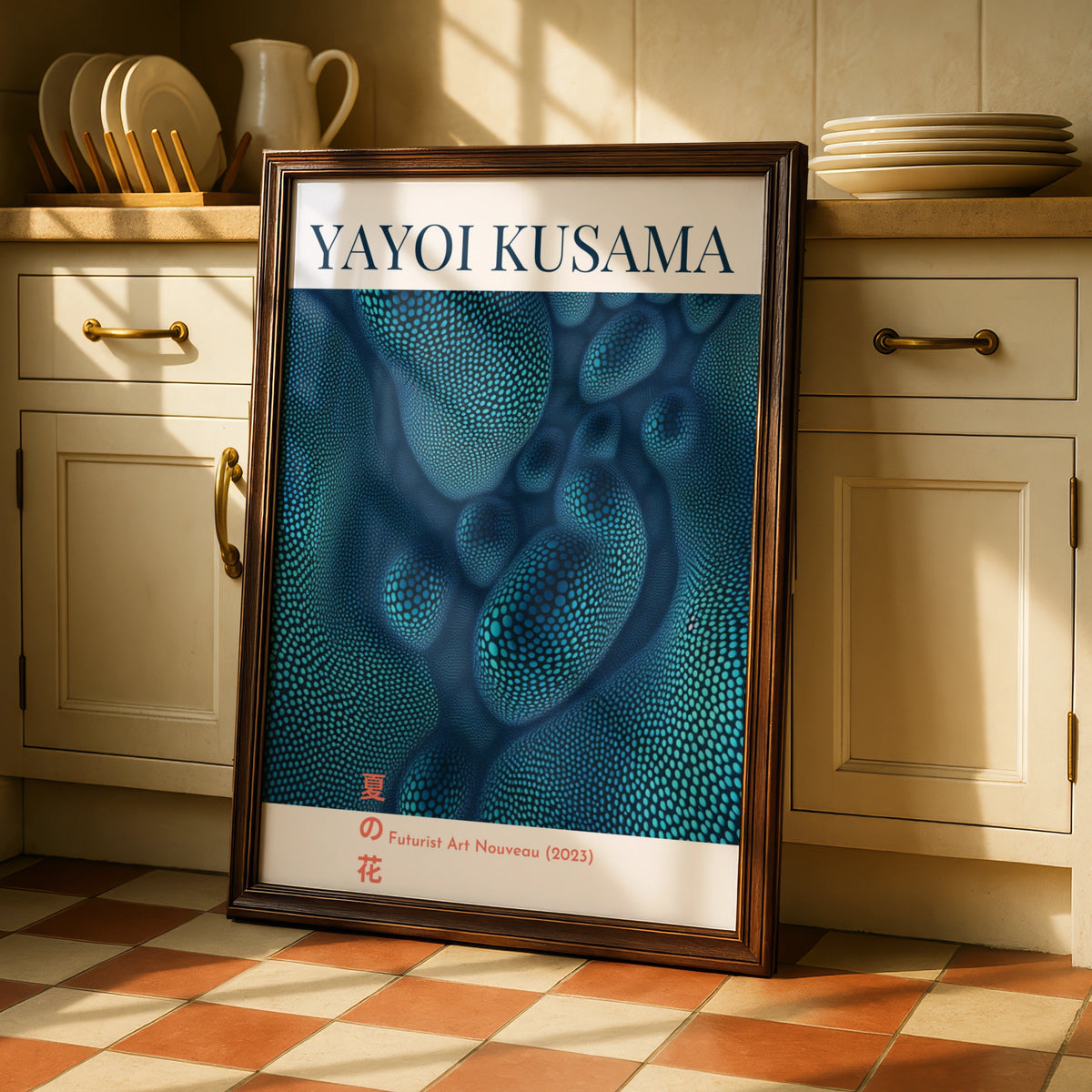 Yayoi Kusama Maximalist Poster, Blue Dot Wall Art, Japanese Futurist Art Nouveau Print