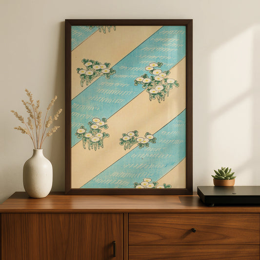 Japanese Botanical Print, Vintage Floral Wall Art, Woodblock Poster, Japandi Teal Cream Decor – A5 Black frame