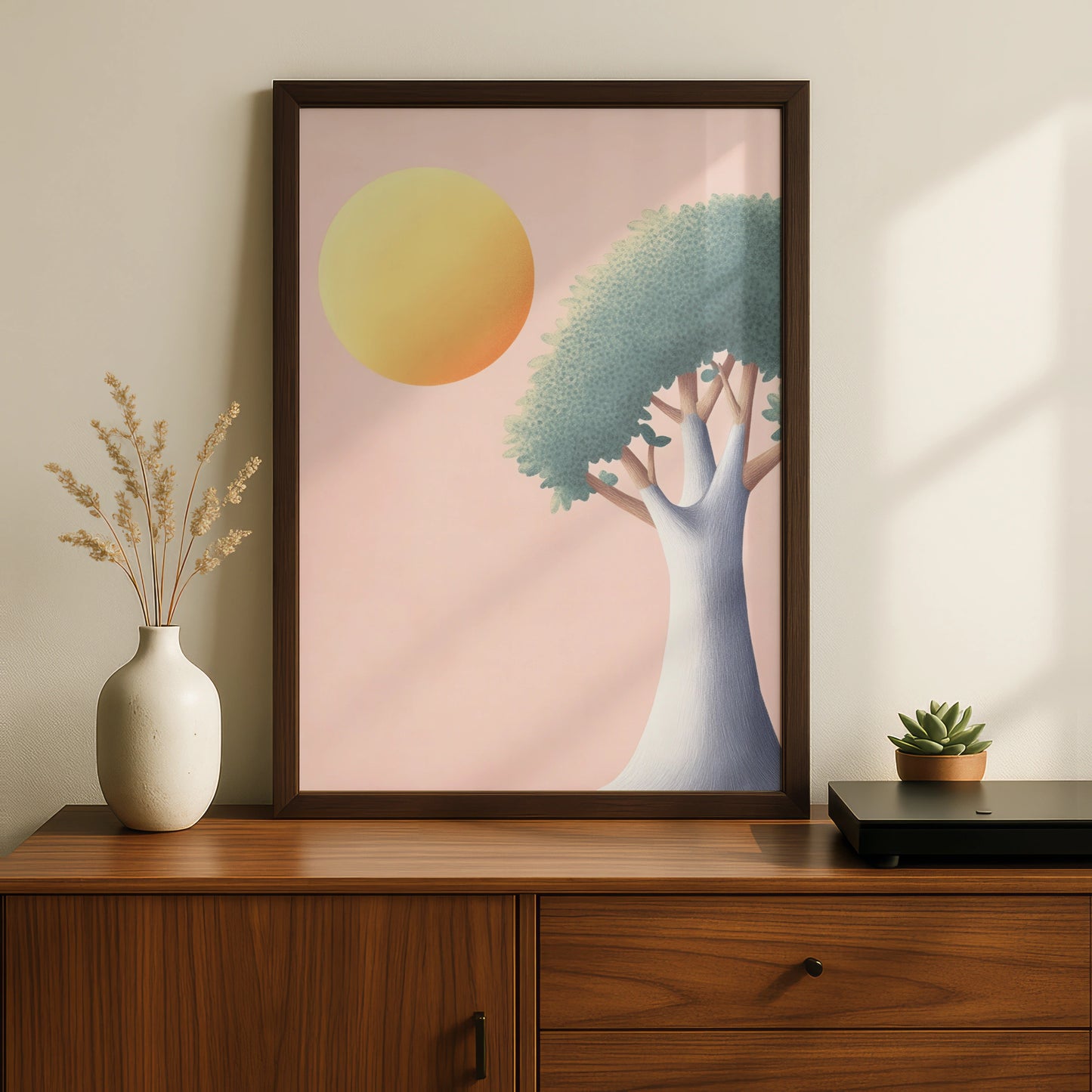 Nursery Tree Wall Art, Pastel Sun Print, Baby Room Poster, Soft Pink Children's Decor