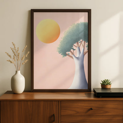 Nursery Tree Wall Art, Pastel Sun Print, Baby Room Poster, Soft Pink Children's Decor