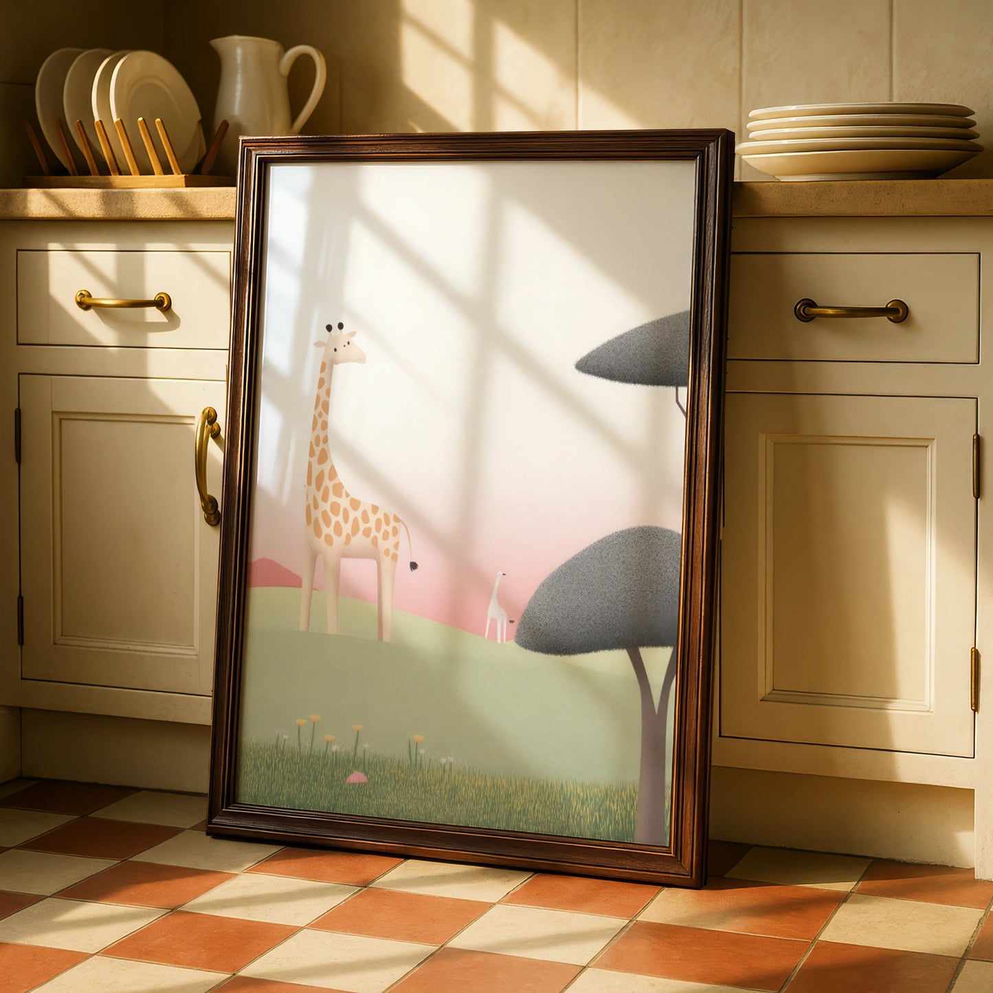 Giraffe Nursery Wall Art, Safari Baby Print, Children's Animal Poster, Pink Green Decor