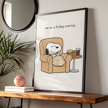 Relaxing Dog Cartoon Poster, Funny Friday Night Wall Art, Quirky Print for Living Room