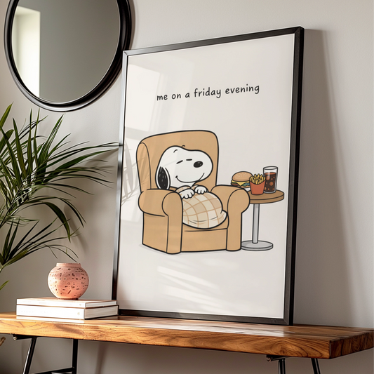 Relaxing Dog Cartoon Poster, Funny Friday Night Wall Art, Quirky Print for Living Room — Digital Download