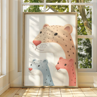 Leopard Family Nursery Wall Art, Cute Cheetah Cubs Print, Safari Baby Room Poster