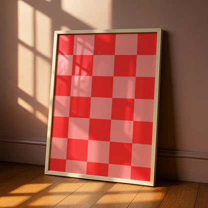 Red Checkerboard Maximalist Poster, Bold Geometric Wall Art, Modern Grid Print