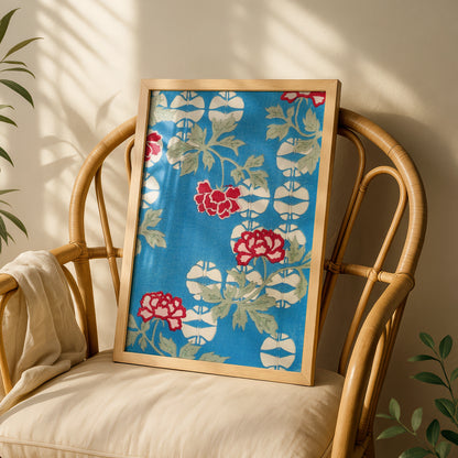 Japanese Botanical Print, Vintage Floral Woodblock Wall Art, Blue Peony Japandi Poster – A5 White frame