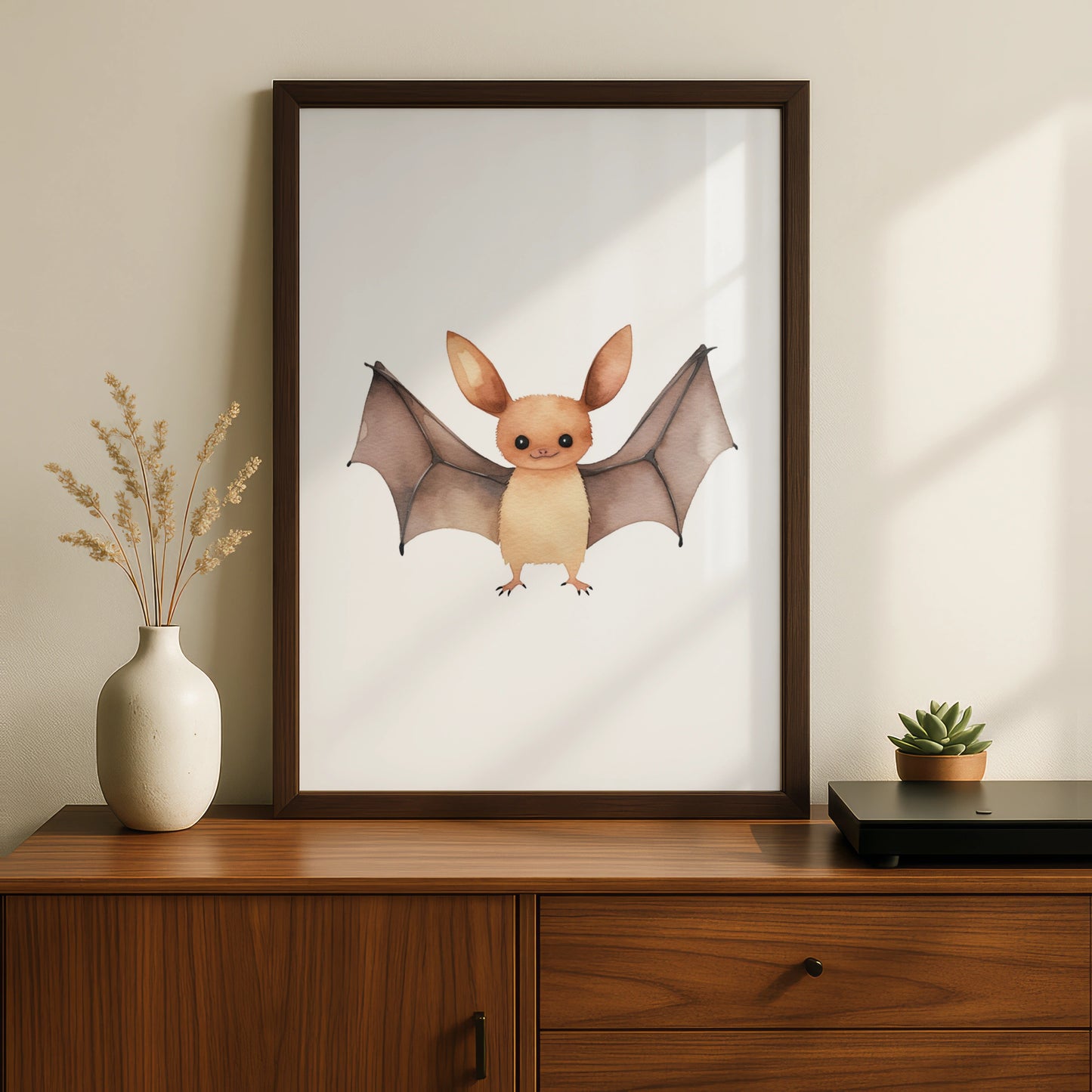 Cute Bat Nursery Wall Art, Watercolour Animal Poster, Kids Room Decor Print