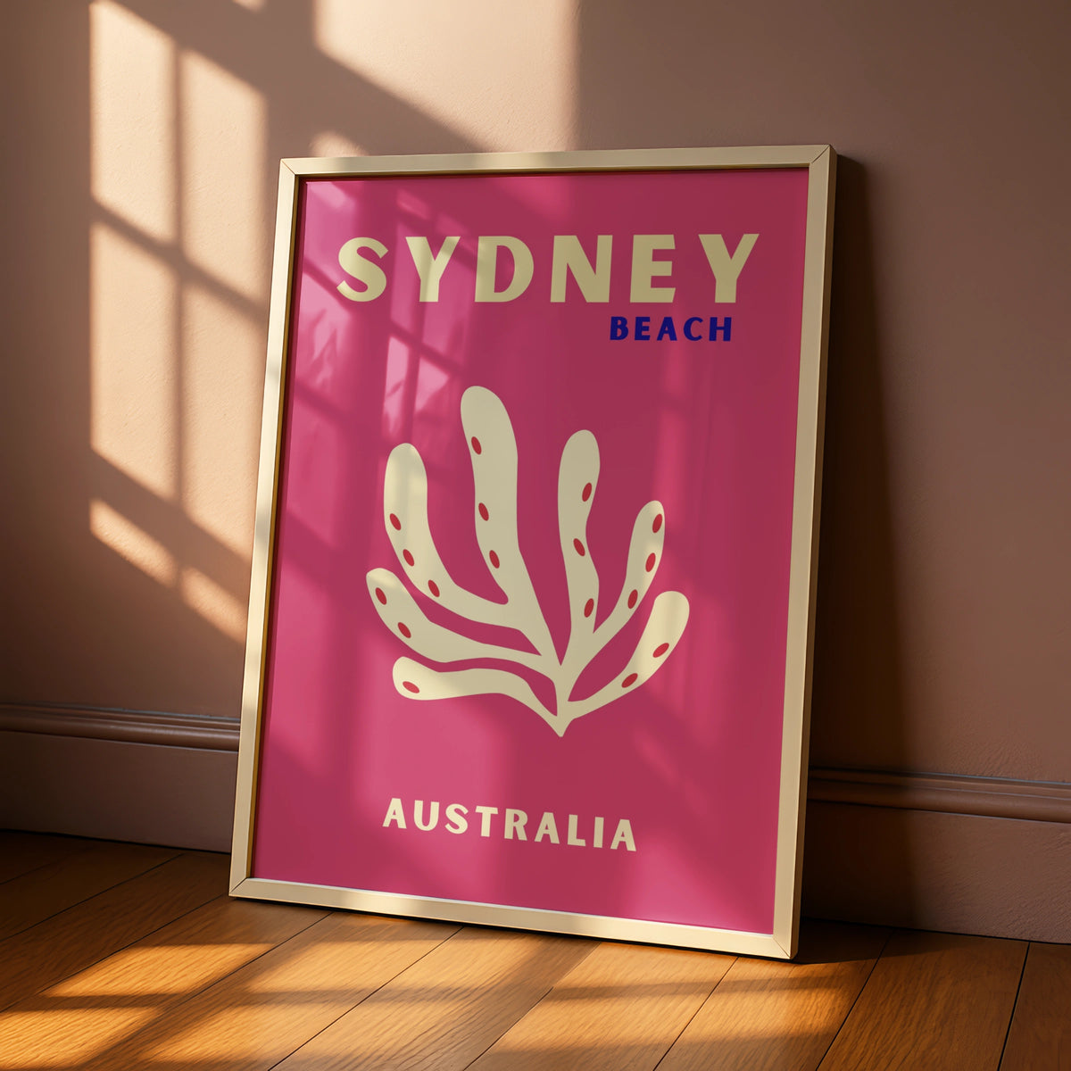 Sydney Beach Australia Travel Poster, Retro Coral Wall Art, Pink Australian Print