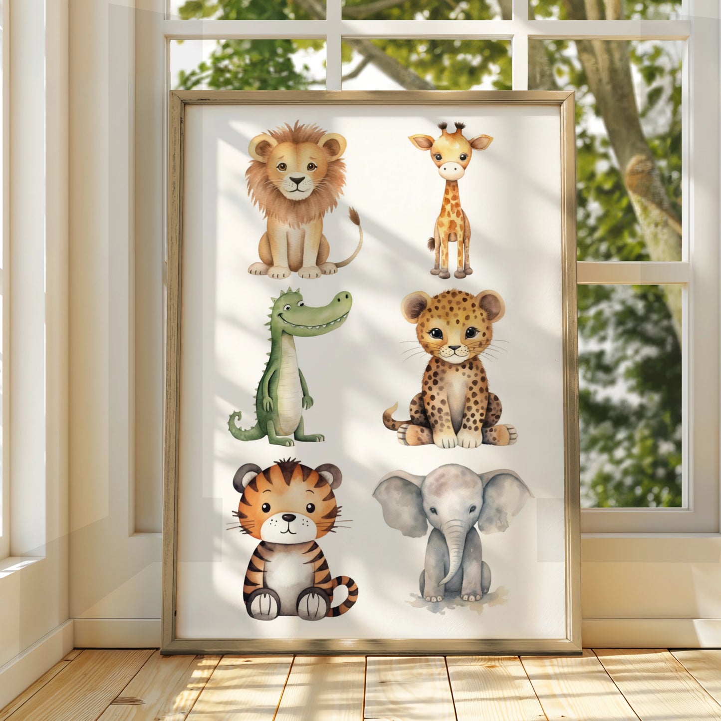 Safari Nursery Wall Art, Cute Baby Animals Poster, Lion Elephant Giraffe Tiger Kids Room Print