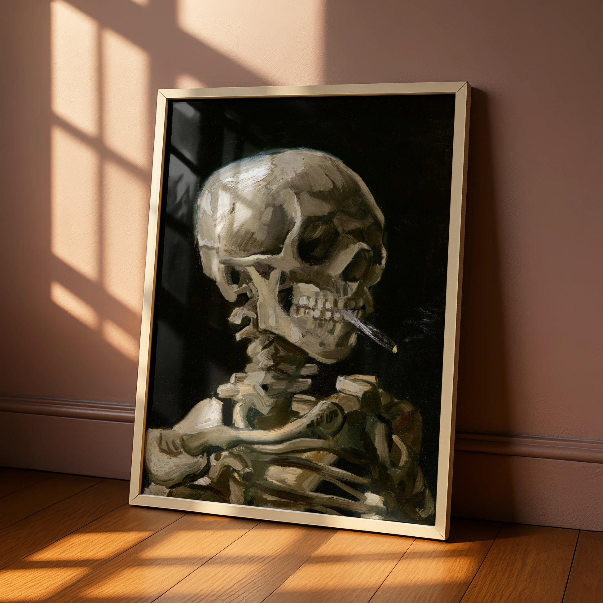 Van Gogh Skull Smoking Cigarette Halloween Art Print, Gothic Skeleton Poster
