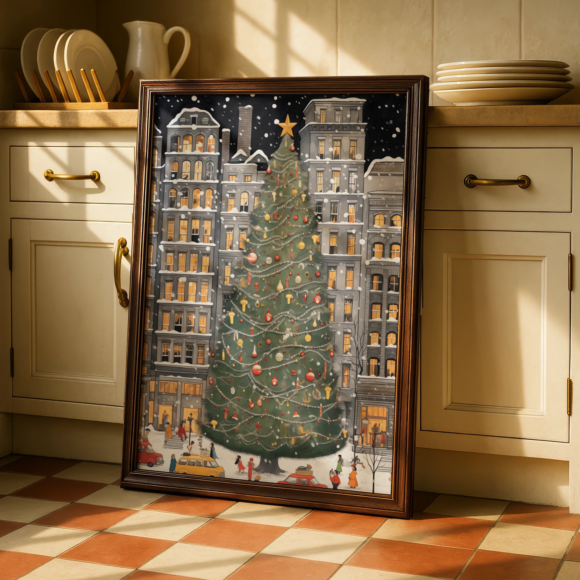 Christmas Tree City Poster, Festive Winter Snow Scene, Holiday Wall Art Print