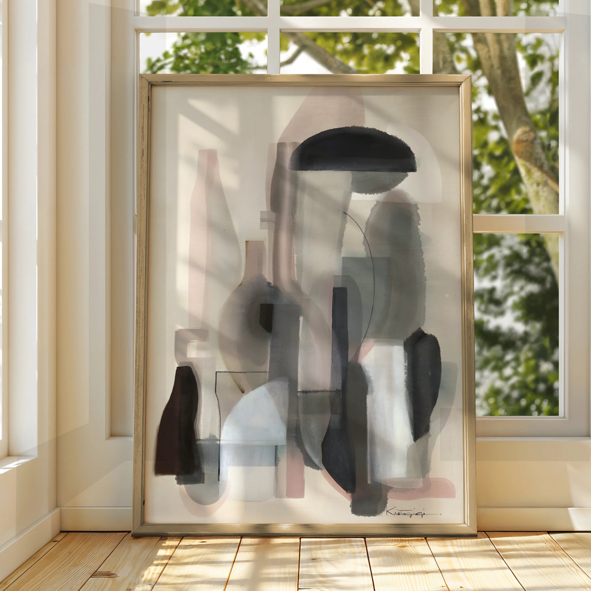 Modern Monochrome Abstract Art Print, Neutral Grey Black Shapes, Contemporary Wall Poster