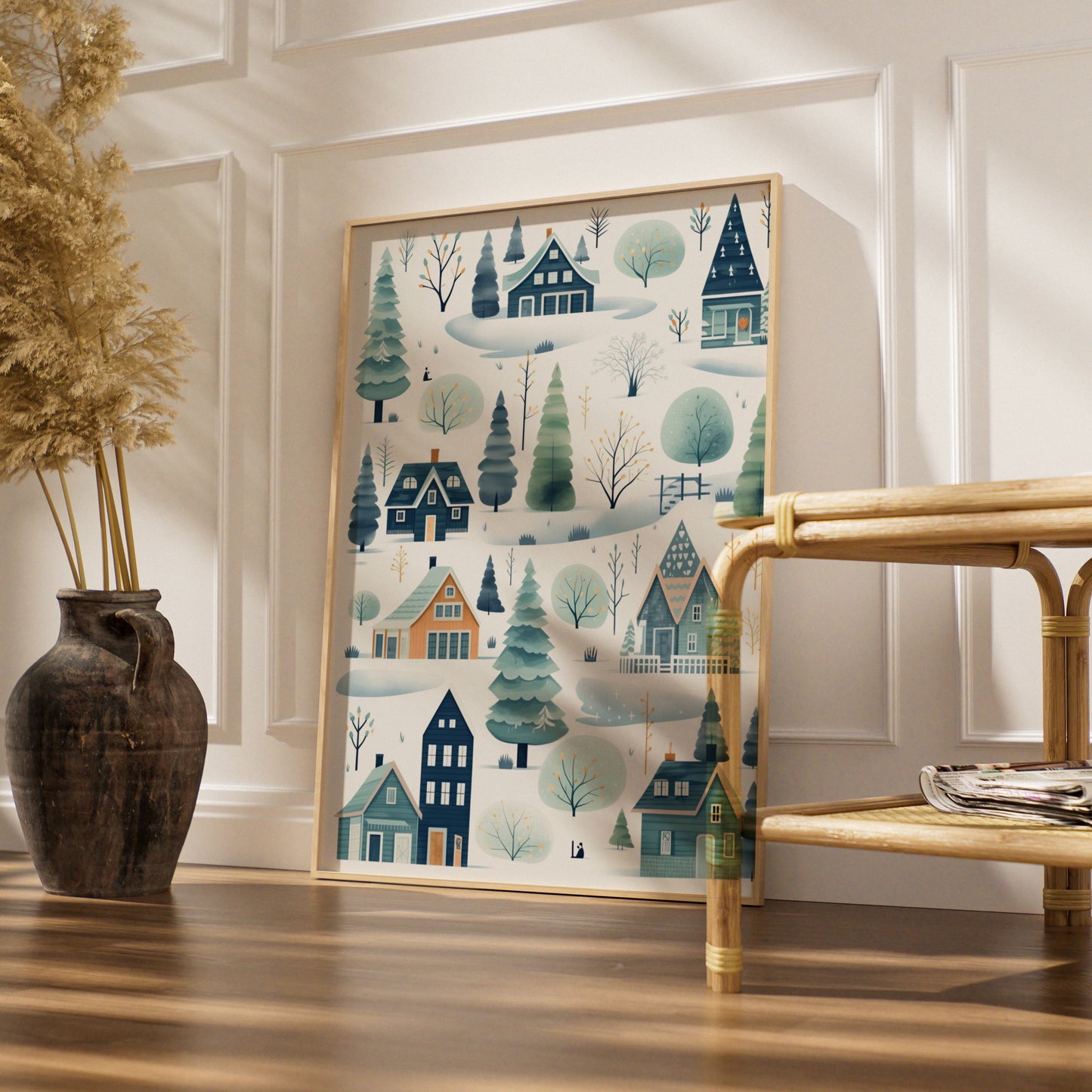 Christmas Winter Village Poster, Scandi Snow Scene, Festive Wall Art, Teal Blue Nordic Print