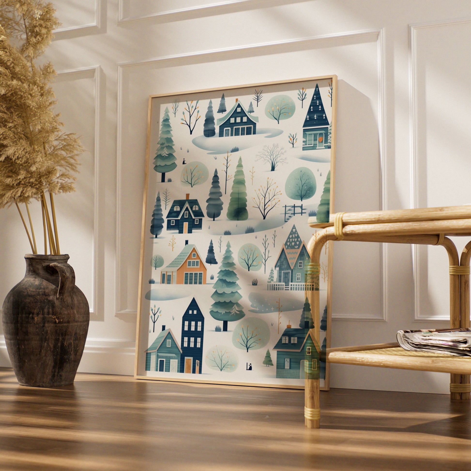 Christmas Winter Village Poster, Scandi Snow Scene, Festive Wall Art, Teal Blue Nordic Print
