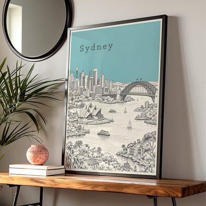 Sydney Wall Art, Harbour Bridge Opera House Sketch Illustration, Australia Travel Print — Digital Download