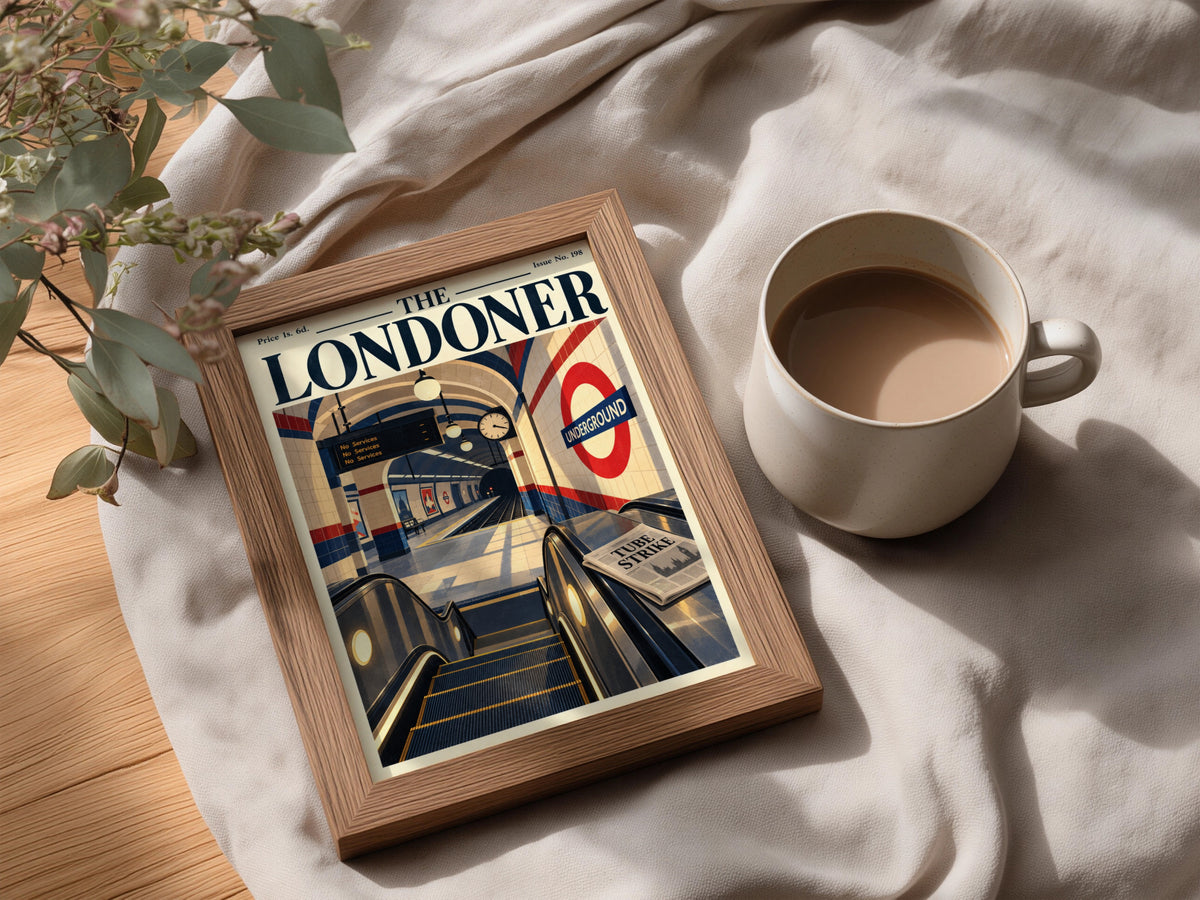 London Tube Station Poster, Retro Magazine Cover Wall Art, Escalator Illustration, Transport Print