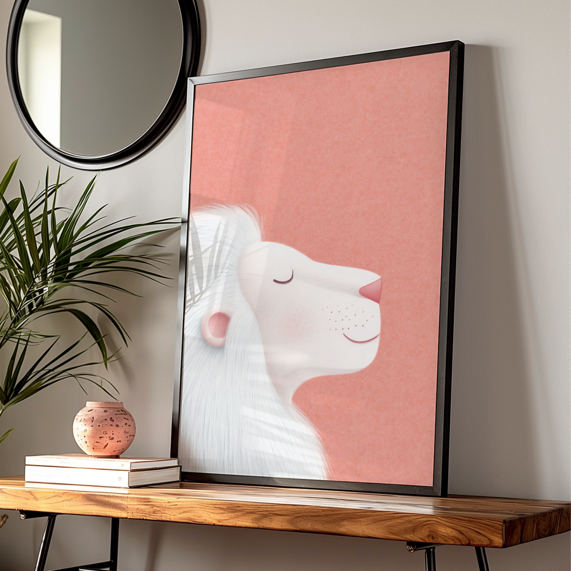White Lion Nursery Wall Art, Coral Pink Baby Room Poster, Kids Animal Print, Cute Lion